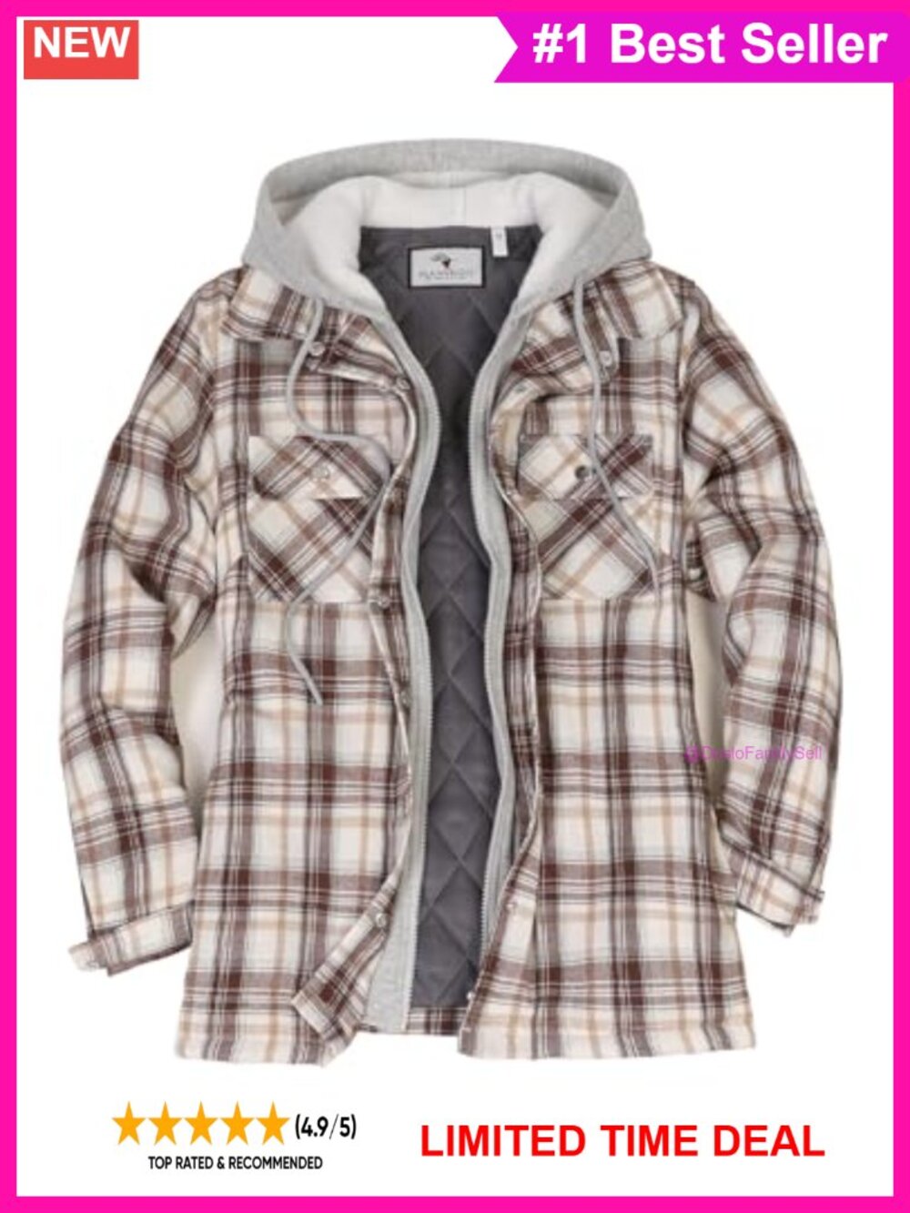Quilted Lined Flannel Jacket Hooded Multi-Pocket Winter Shacket